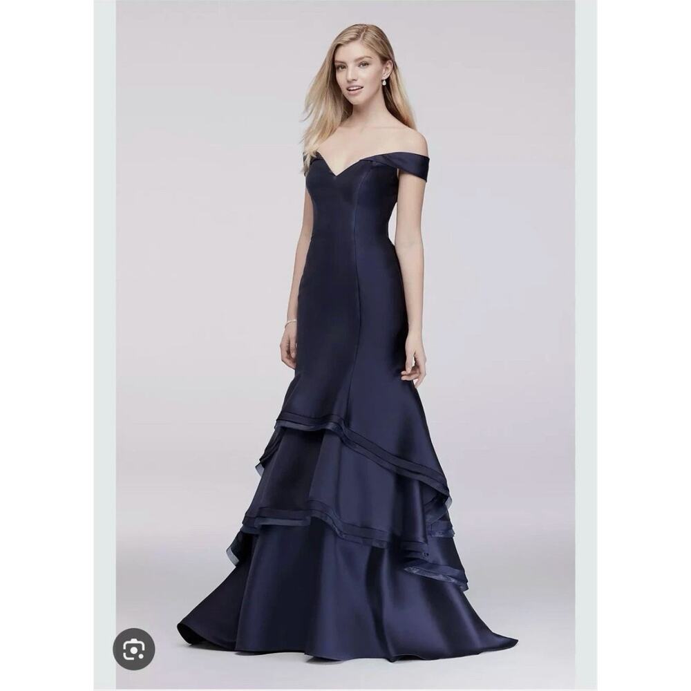 6 xscape off the shoulder strap mermaid structured gown dress navy blue satin